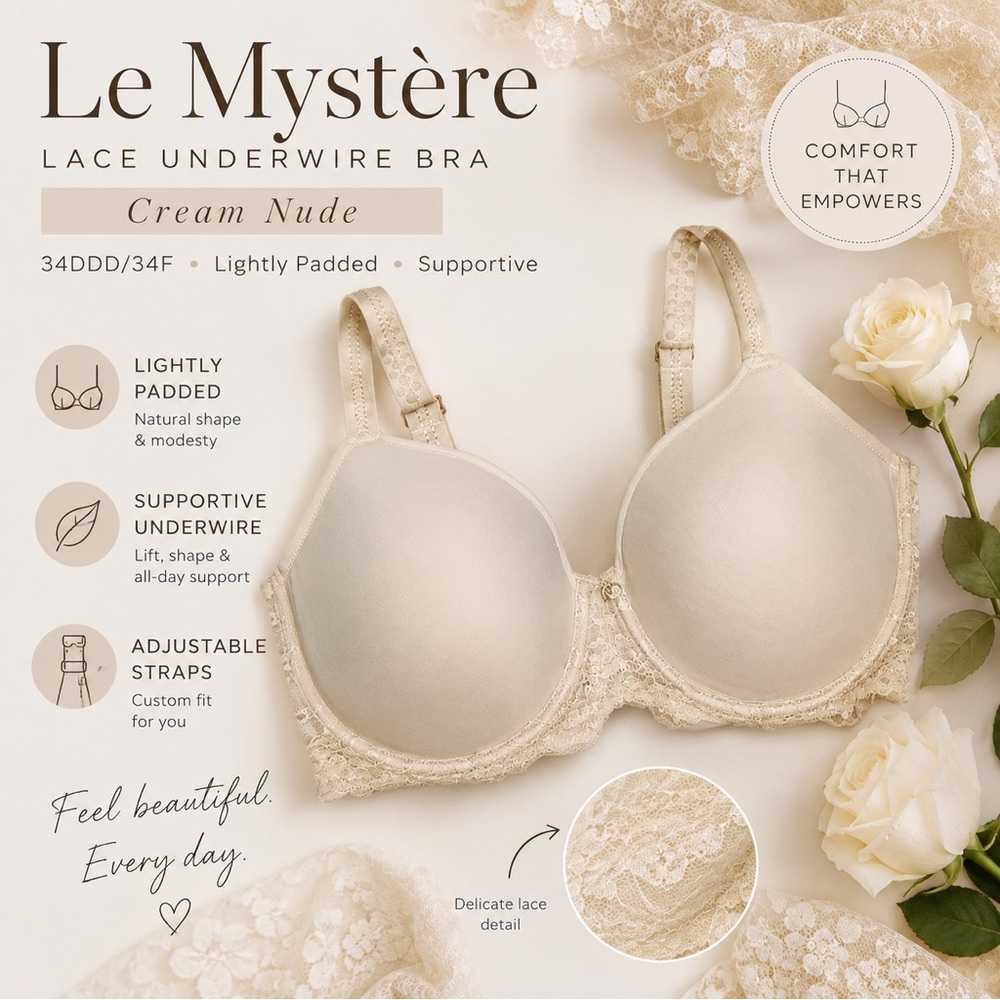Le Mystere Full Coverage Nude Lace Lightly Padded Underwire Bra 34DDD 34F